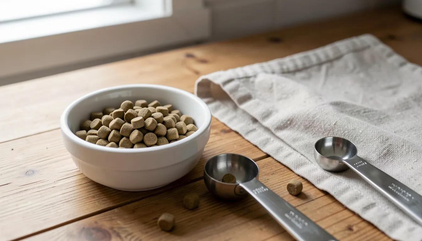 Coupelle de petites croquettes pour chiot posée sur un plan de travail en bois, à côté de cuillères doseuses en inox et d'un torchon de lin